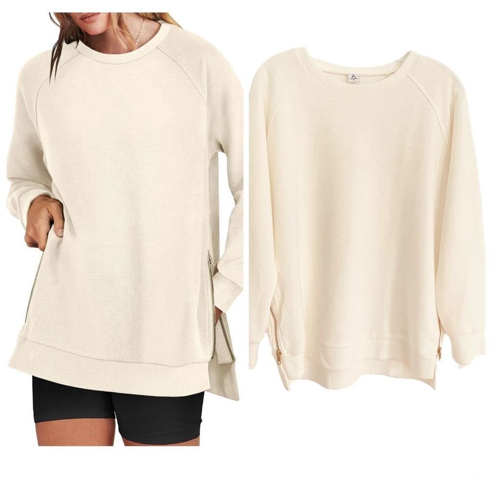 Anrabess Long Sleeve Crew Neck Side zipper Oversized Sweatshirt